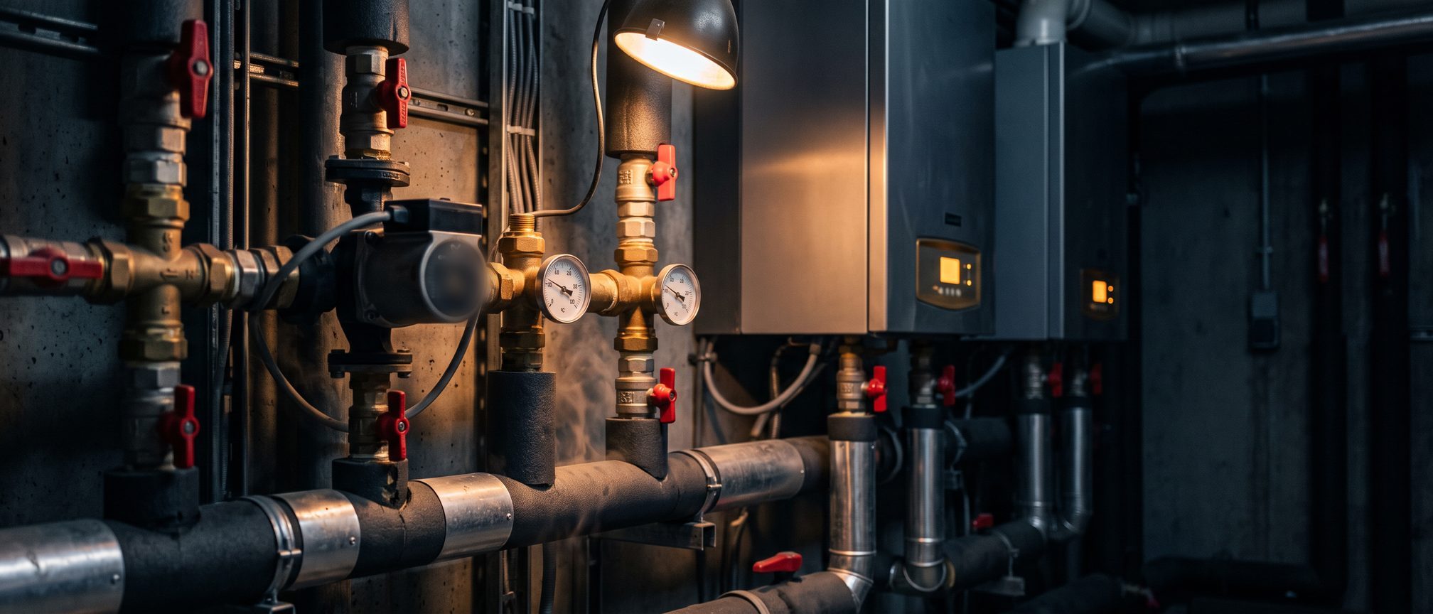 Commercial condensing boiler cascade with brass and steel heating pipework, red isolation valves and temperature gauges
