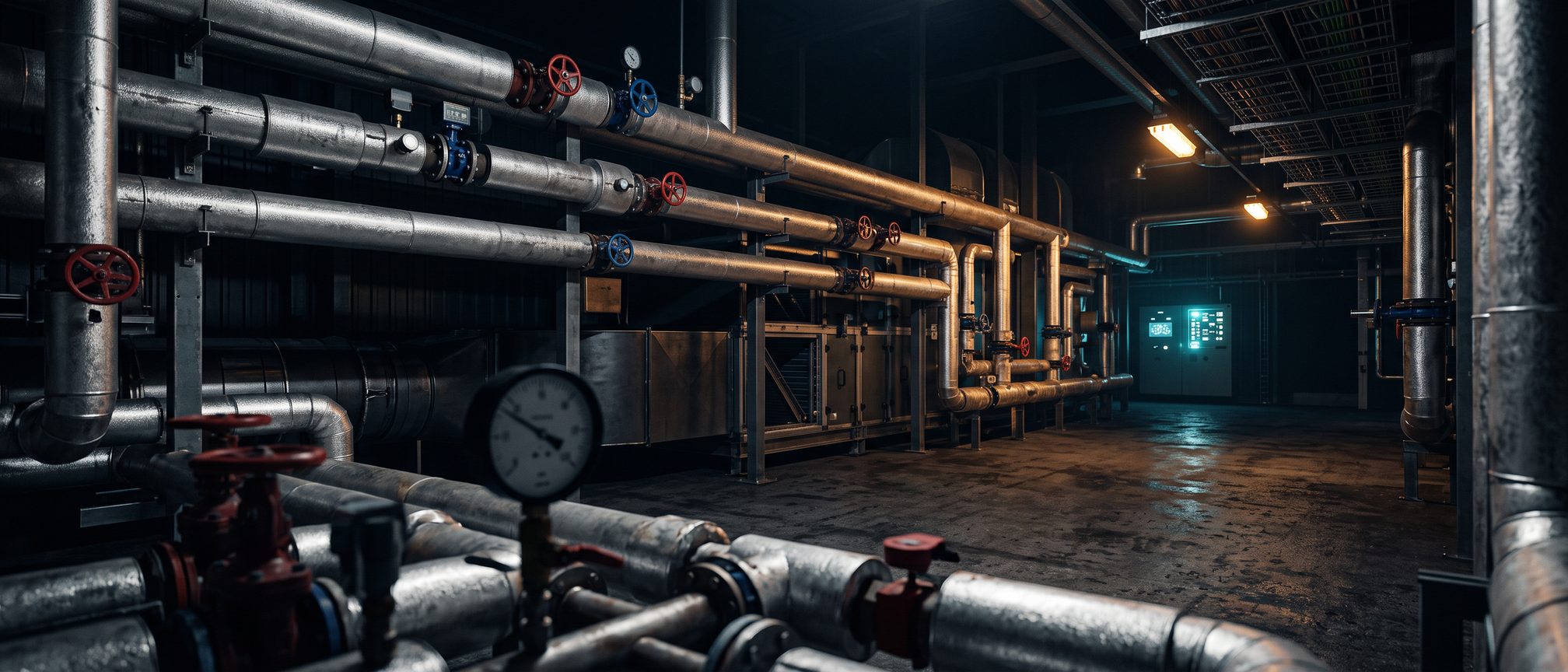 Commercial building plant room at night: insulated heating pipework, valves and an air handling unit under amber work lights