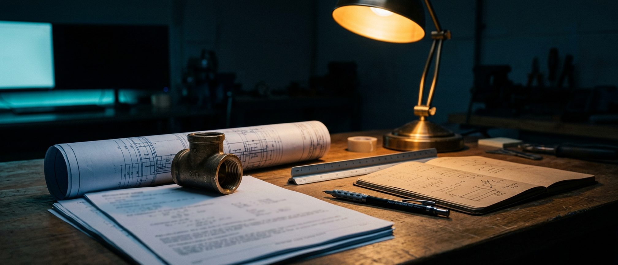 Engineer's desk at night with calculation sheets, a rolled services drawing, scale rule and pencil under a desk lamp