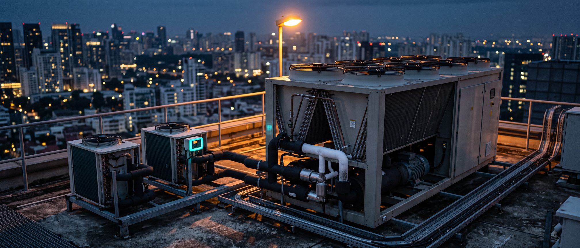 Air-cooled chiller and monobloc heat pump units on a commercial rooftop plant deck at dusk