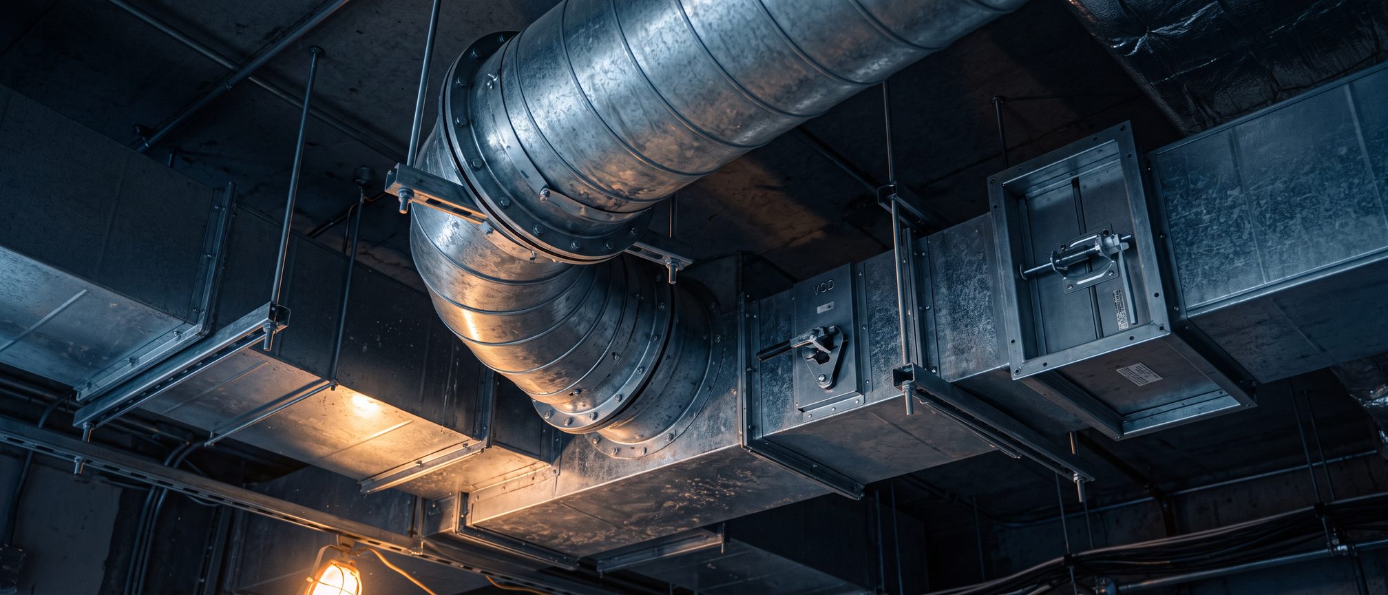 Galvanised steel spiral and rectangular ductwork with flanged joints and dampers hung in a commercial ceiling void