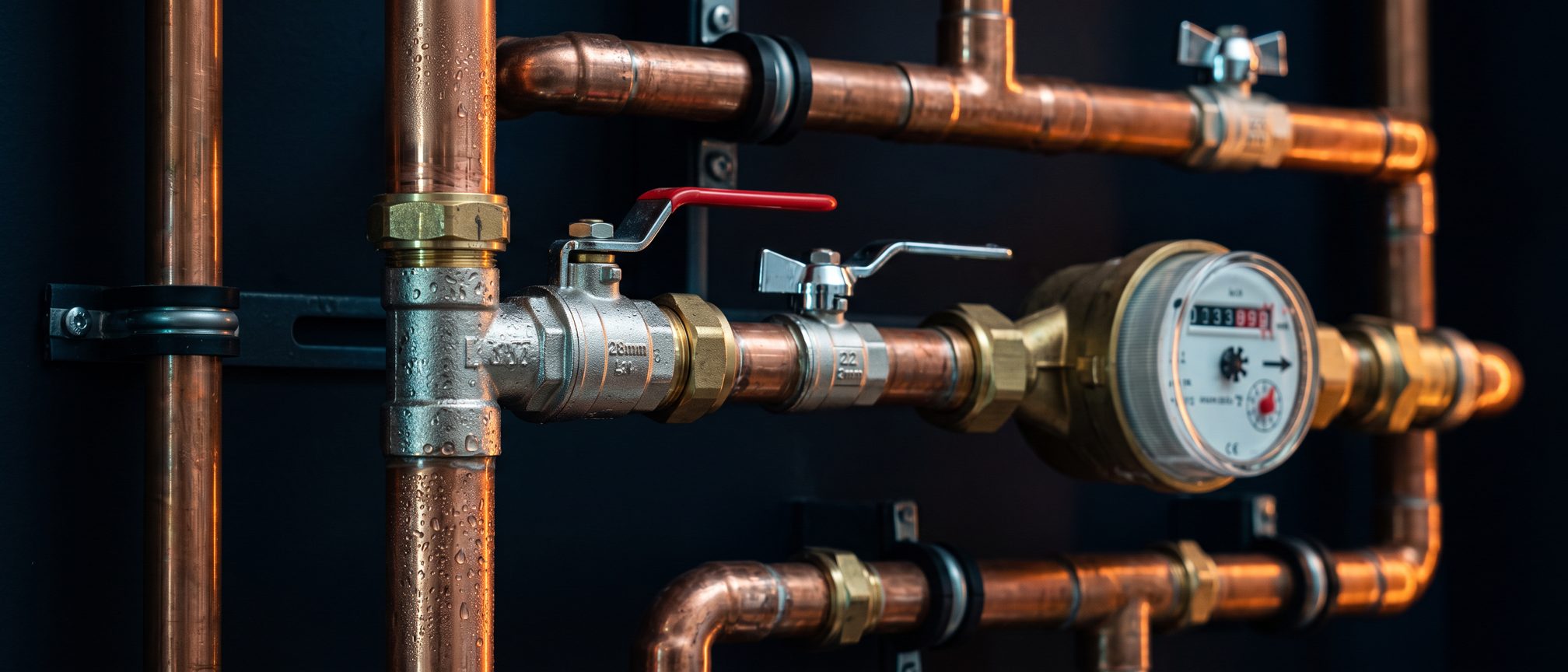 Polished copper water services pipework with brass compression fittings and chrome lever valves in a building riser